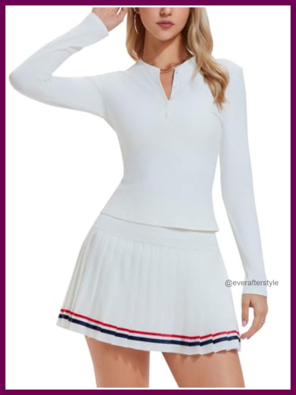 Women's 2 Piece Tennis Skirt Set Long Sleeve Henley Pleated Skort Pickleball